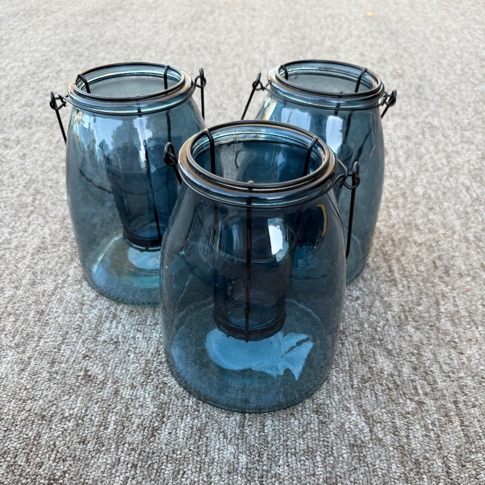 Blue Glass Hurricane / Sold as Set of 3